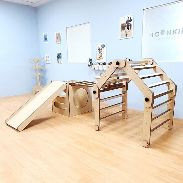 Pikler Triangle with Tunnel Box, Ramp and Slide Set