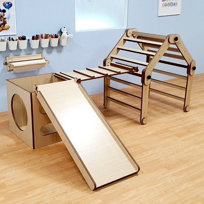 Pikler Triangle with Tunnel Box, Ramp and Slide Set