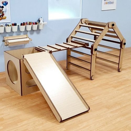 Pikler Triangle with Tunnel Box, Ramp and Slide Set