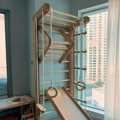 Swedish Wall with Rope Ladder, Rings, Swing, Bar and Slide