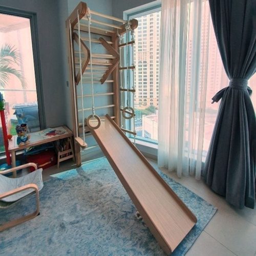 Swedish Wall with Rope Ladder, Rings, Swing, Bar and Slide